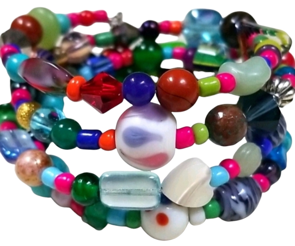 Hand Crafted Vintage Glass and Turquoise and Semi-precious Bead Wrap Bracelet - Picture 3 of 16